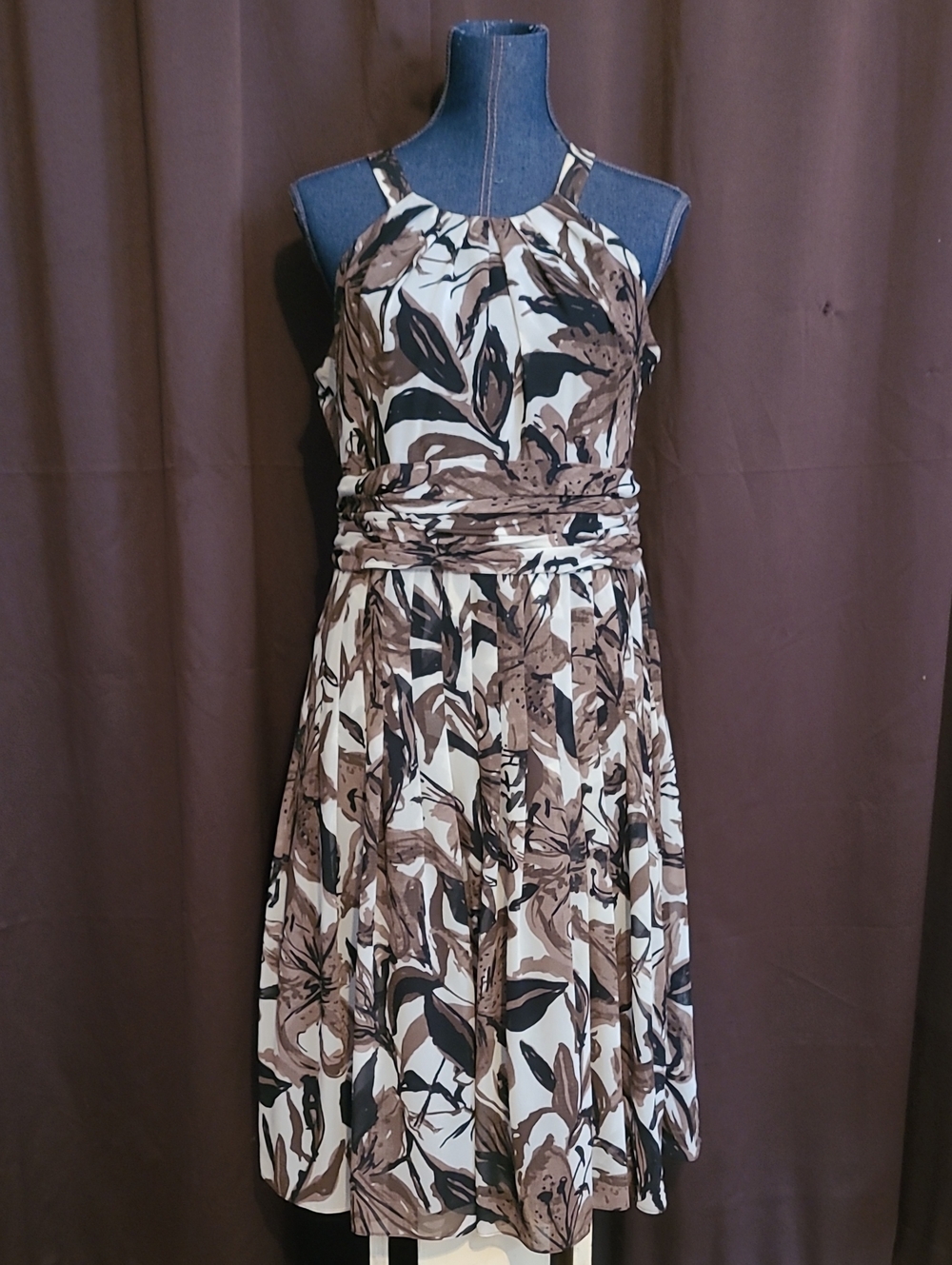 Evan Picone Brown, Cream & Black Floral Halter Midi Dress